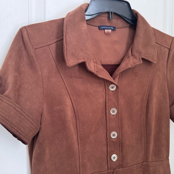 TOMMY HILFIGER SHIRTDRESS. FAUX SUEDE A-LINE. FLATTERING. ELEGANT BROWN COGNAC - Picture 5 of 16